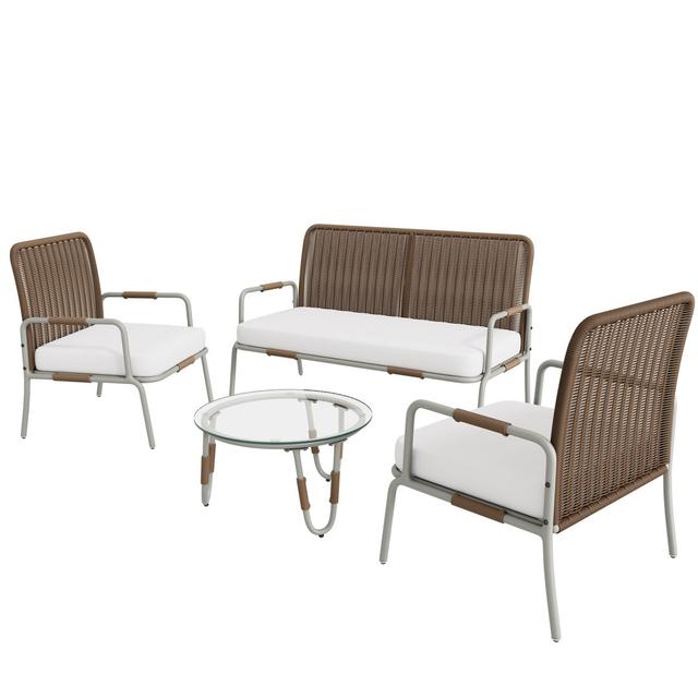 4-Sitzer Lounge-Set Carmindo aus Polyrattan mit Polster Metro Lane Rahmenfarbe: Braun/Hellgrau on Productcaster.