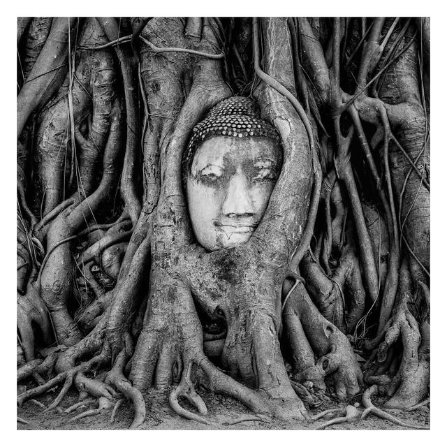 Buddha in Ayutthaya Surrounded by Tree Roots in Brown 2.88m x 2.88m Textured Matt Peel & Stick Wall Mural East Urban Home on Productcaster.