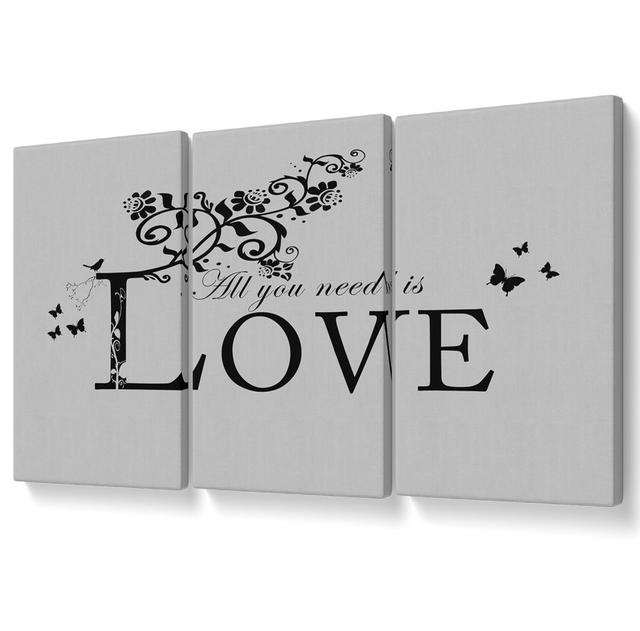 Music Quote All You Need Is Love Grey - 3 Piece Wrapped Canvas Graphic Art Maturi Size: 101.6cm H x 203cm W x 10cm D on Productcaster.