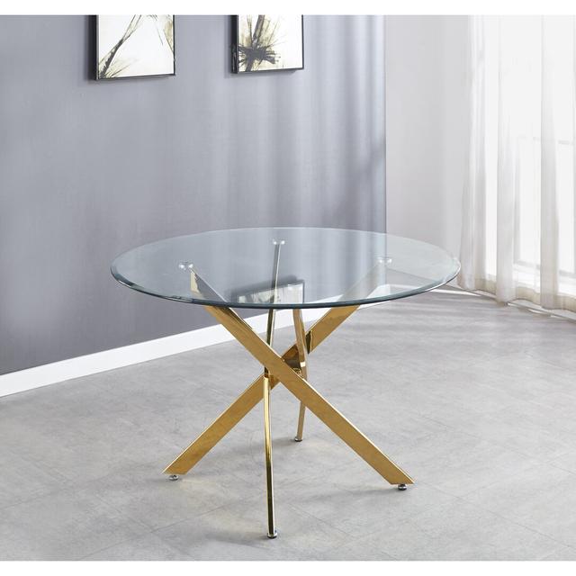 Tierra Modern Chrome Metal & Glass Round Dining Table Set with 4 Upholstered Faux Leather Chairs Etta Avenue Table Size: H76 x L120 x W120cm, Colour ( on Productcaster.