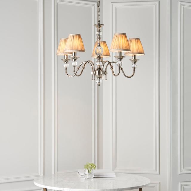 Mcveigh 5 - Light Shaded Chandelier Astoria Grand Base Finish: Nickel, Shade Colour/Pattern: Beige on Productcaster.