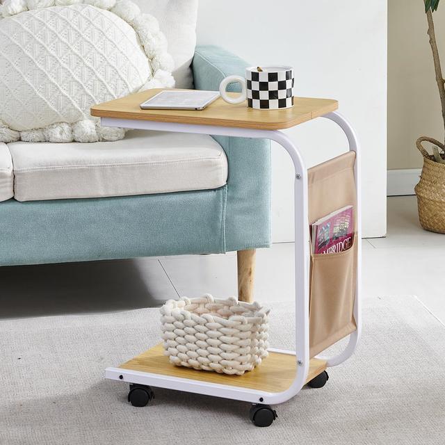 C-Shape Side Table, Under Sofa Table For Living Room, Space Saving End Table With Storage Basket & Wheels, Mobile Laptop Desk Snack Table For Home Off on Productcaster.