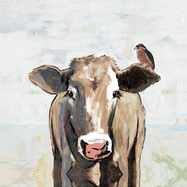 Painterly Cow and Common Bird - Wrapped Canvas Painting August Grove Size: 76cm H x 76cm W on Productcaster.