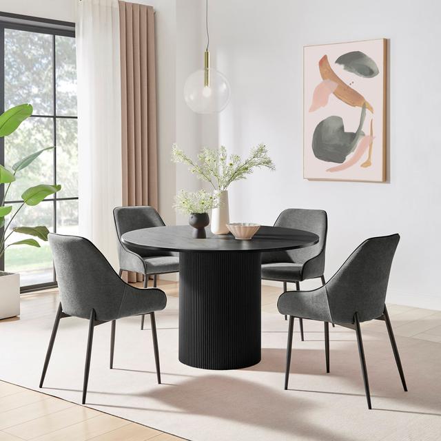 Penny Pillar Round Dining Table Set With 4 Luxury Velvet Dining Chairs - Scratch Resistant Top Furniture Box on Productcaster.