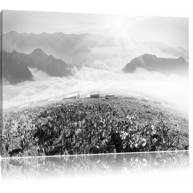 Leinwandbild „Blühende Krokusse mit Aussicht auf die Berge“, Fotodruck East Urban Home Größe: 80 cm H x 120 cm B on Productcaster.