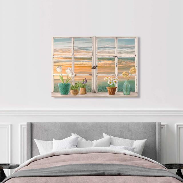 Fensterblick: Sonnenuntergang am Meer von Remy Dellal - Kunstdrucke auf Leinwand Haus am Meer Größe: 70 cm H x 100 cm B x 4 cm T on Productcaster.