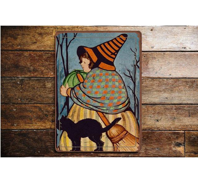 Halloween Witch Black Cat Metal Vintage Wall Sign The Seasonal Aisle on Productcaster.