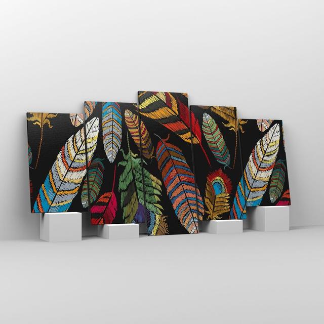 Feathers Colourful Embroidery - 5 Piece Wrapped Canvas Graphic Art Latitude Vive Size: 85cm H x 160cm W x 1.8cm D on Productcaster.