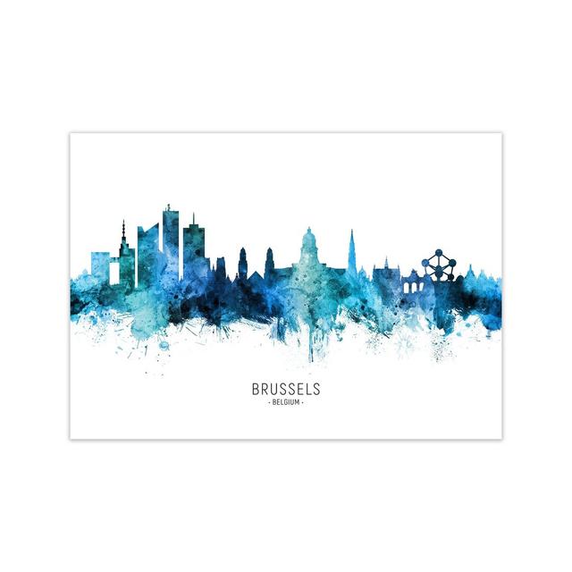 Brussels Belgium Skyline Blue City Name by Michael Tompsett - Graphic Art Ebern Designs Size: 30cm H x 42cm W x 1cm D, Format: Unframed on Productcaster.