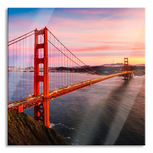 Glasbild Golden Gate Bridge at sunset Ebern Designs Größe: 70 cm H x 70 cm B x 0,4 cm T on Productcaster.