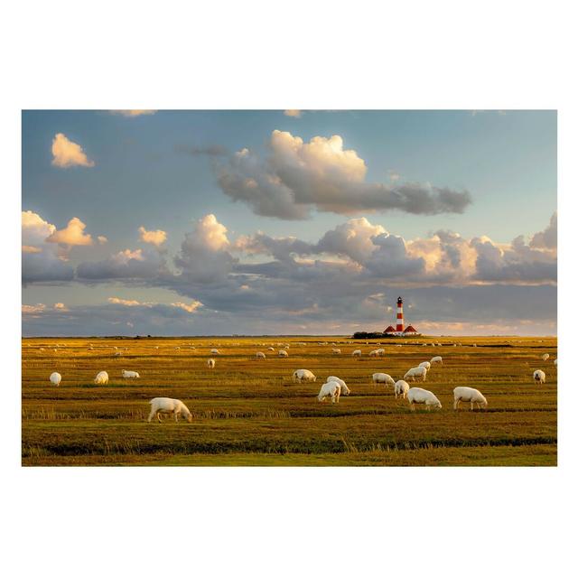 Lighthouse at the North Sea with a Flock of Sheep Textured Semi-Gloss Wallpaper Roll East Urban Home Size: 3.84m x 255cm, Materialqualität: Standard ( on Productcaster.