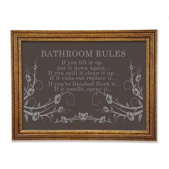 Bathroom Quote Bathroom Rules 2 Framed Print Happy Larry Size: 29.7cm H x 42cm W x 3cm D, Colour: Grey on Productcaster.