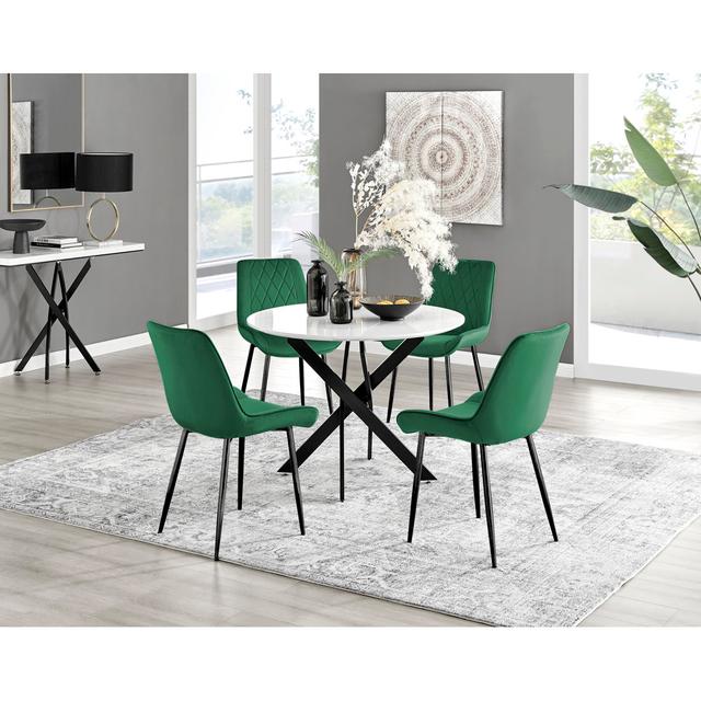 Tierra Modern Metal & Glass Round Dining Table Set with 4 Luxury Dining Chairs Canora Grey Chair Colour: Green/Black on Productcaster.