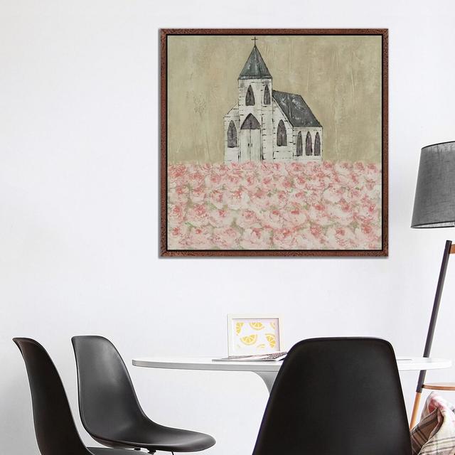 Church Peony Field-Canvas Fleur De Lis Living Size: 93.98cm H x 93.98cm W x 3.81cm D, Format: Classic Brown Wood Framed on Productcaster.