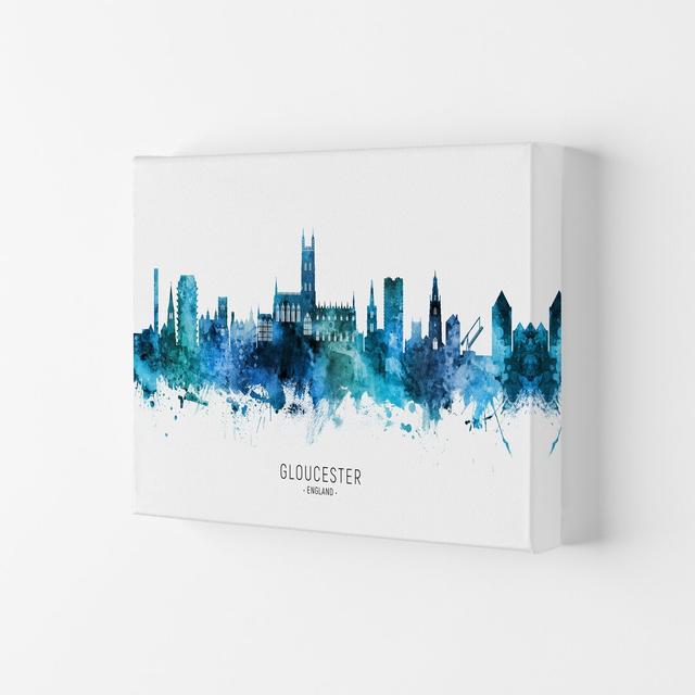 Gloucester England Skyline Blue City Name by Michael Tompsett - Graphic Art Ebern Designs Format: Wrapped Canvas, Size: 21cm H x 29.7cm W x 4cm D on Productcaster.