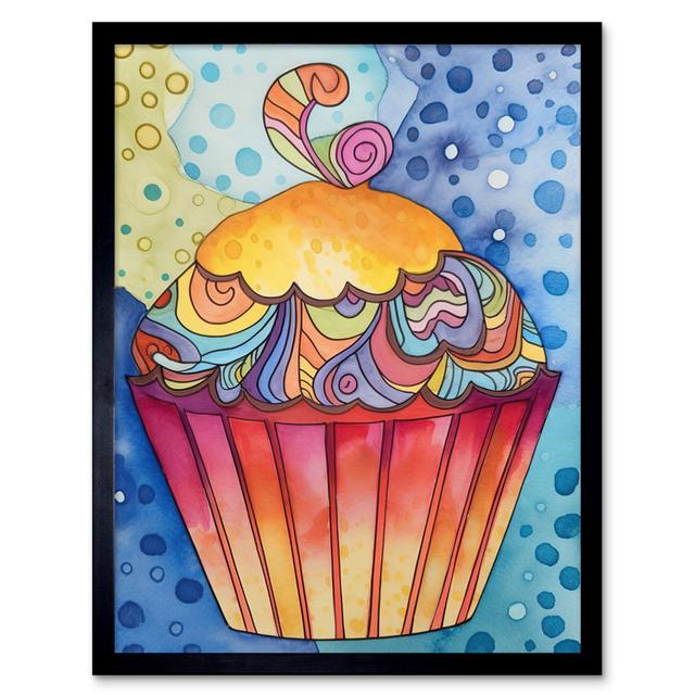 Cupcake With Colourful Frosting Folk Art Watercolour Painting Artwork Framed Wall Art Print 9X7 Inch Marlow Home Co. on Productcaster.