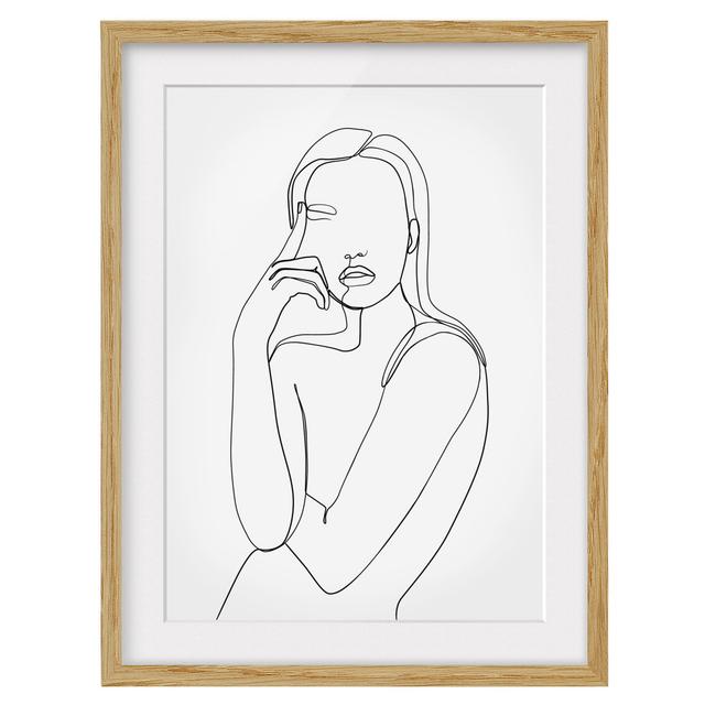 Picture With Frame - Line Art Thoughtful Woman Black White - Portrait 4:3 - B Ivy Bronx Size: 70cm H x 50cm W x 2cm D, Frame Option: Brown on Productcaster.