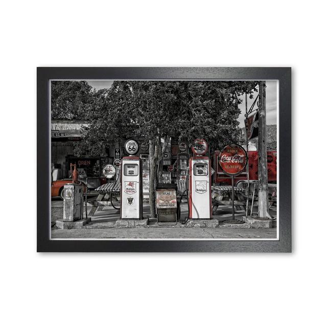 Retro Black and Red Gas Pumps - Photograph Print on Paper East Urban Home Format: Black Grain Frame, Size: 30 cm H x 21 cm W x 5 cm D on Productcaster.