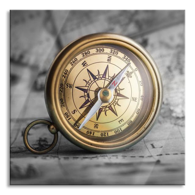 Old Compass on a World Map, Black and White Detail - Unframed Photograph on Glass Longshore Tides Size: 60cm H x 60cm W x 0.4cm D on Productcaster.