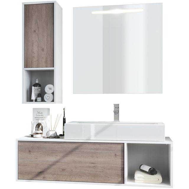 Jezelle 3 Piece Bathroom Storage Furniture Set with Mirror Ivy Bronx Ausstattung: With washbasin and tap, Colour/Finish: Nordic oak on Productcaster.