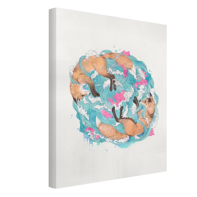 Illustration of Foxes and Waves by Laura Graves - Wrapped Canvas Painting Union Rustic on Productcaster.