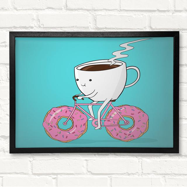 Coffee Riding A Donut Bicycle Happy Larry Size: 29.7cm H x 42cm W x 3cm D, Format: Black Framed Wood on Productcaster.