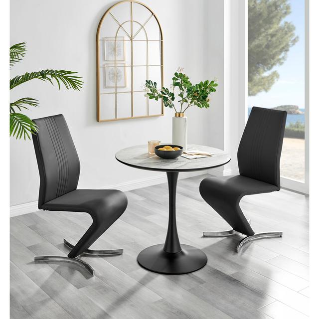 Eubanks White Marble Effect Melamine Round 80cm Dining Table And Chairs - 2 Faux Leather Dining Chairs Canora Grey Colour (Chair): Black, Colour (Tabl on Productcaster.