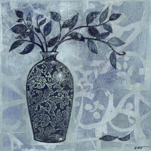 Ornate Vase With Indigo Leaves II by Norman Wyatt Jr. - Wrapped Canvas Painting Rosalind Wheeler Size: 122cm H x 122cm W x 3.8cm D on Productcaster.