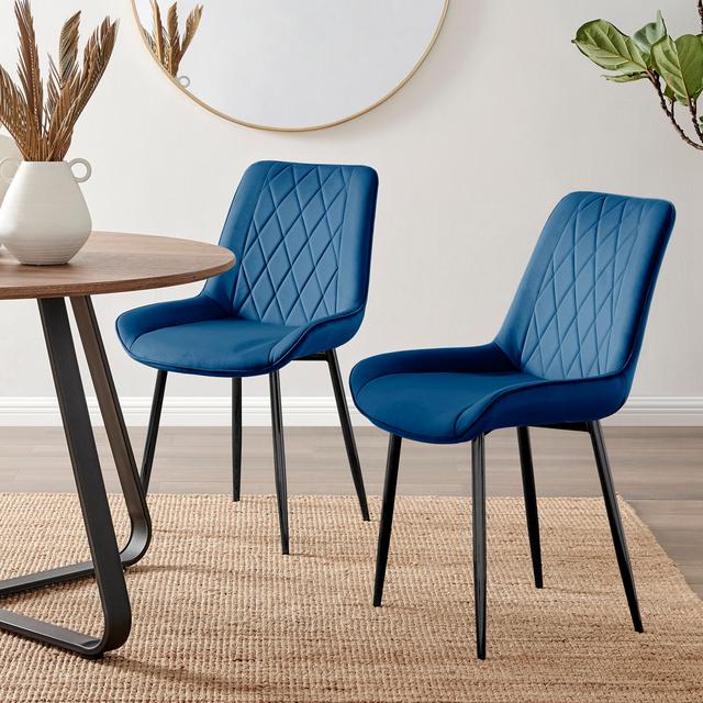 Palermo Velvet Modern Dining Chairs with Tapered Metal Legs & Quilted Diamond Stitching (Set of 2) Canora Grey Upholstery Colour: Navy, Leg Colour: Bl on Productcaster.