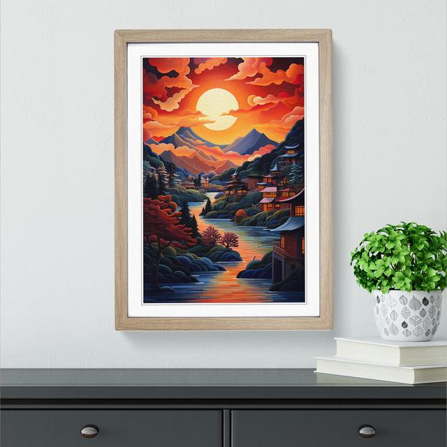 Japanese Sunset Cubism - Single Picture Frame Print on Wood Big Box Art Frame Colour: Oak Framed, Size: 34cm H x 25cm W x 2cm D on Productcaster.