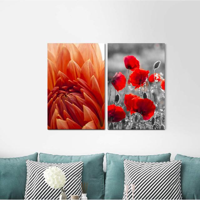 2-tlg. Leinwandbilder-Set - Fotografie „Dahlia Poppies Red Flowers Summer Heat” East Urban Home on Productcaster.