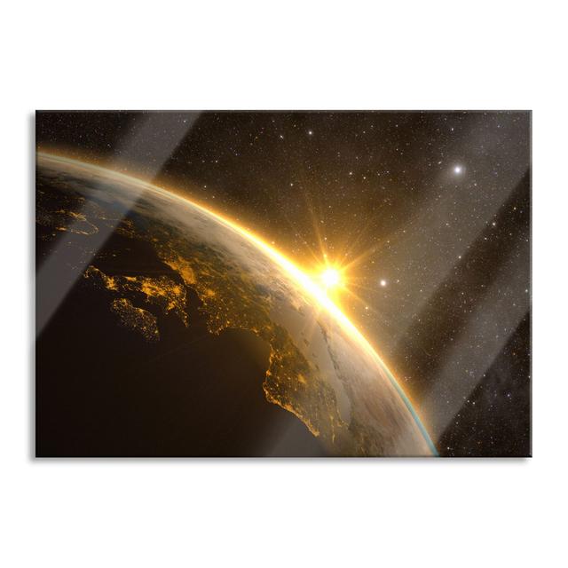 Sun And Earth In Space - No Frame Print on Glass Brayden Studio Size: 60cm H x 80cm W, Colour: Black/Orange on Productcaster.