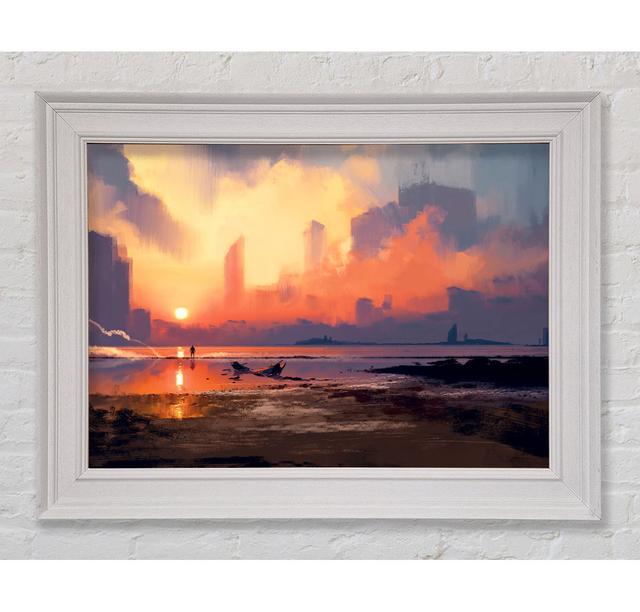 Sunset Ocean City Framed Print House of Hampton Format: White Framed Paper, Size: 21cm H x 29.7cm W x 8cm D on Productcaster.