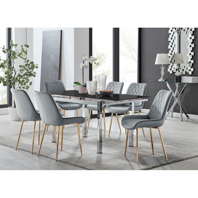 Tierra Modern Glass & Metal Extendable Dining Table Set & 6 Luxury Upholstered Velvet Dining Chairs Canora Grey Chair Colour: Grey/Gold on Productcaster.