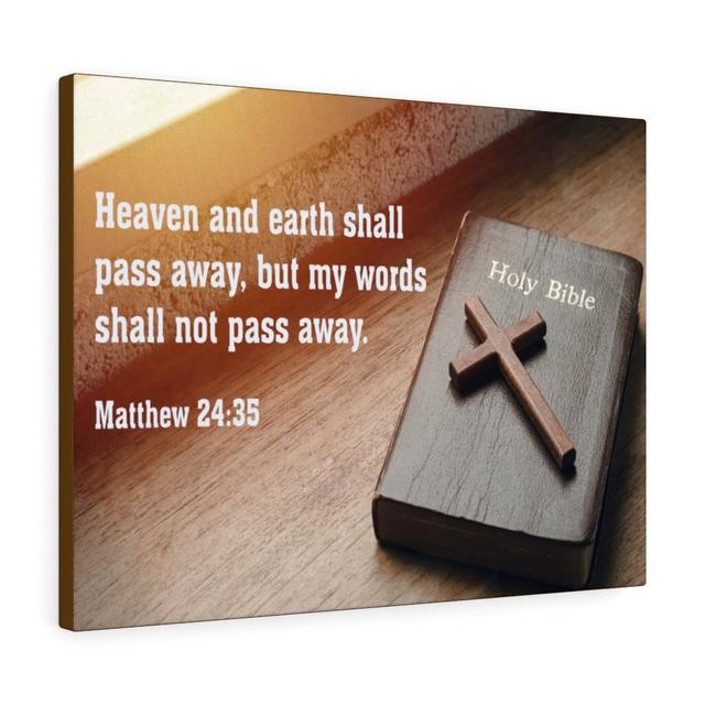 Heaven and Earth Matthew 24:35 - Wrapped Canvas Typography Blue Elephant Size: 30cm H x 41cm W on Productcaster.