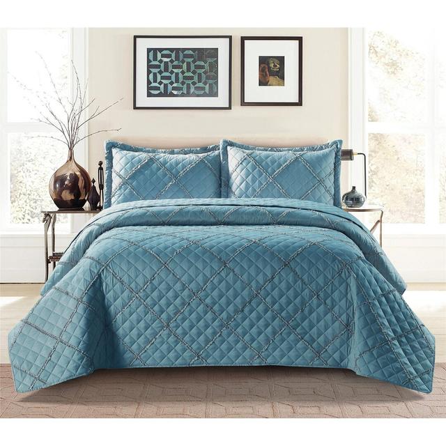 Bedspread Set with 2 Pillow Brayden Studio Size: 270 x 250 cm Bedspread - 2 Pillowcases, Colour: Blue on Productcaster.