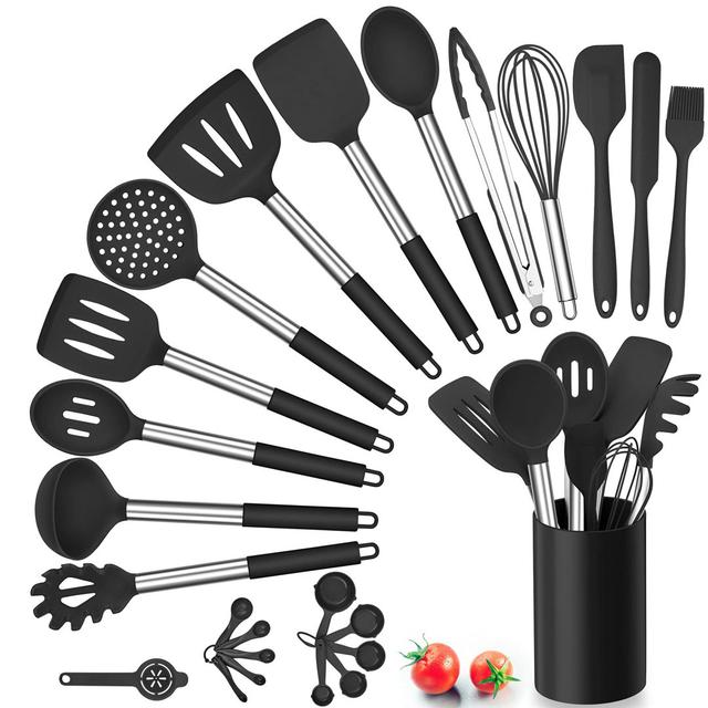 Silicone Kitchen Utensils Set, 25 Pcs Cooking Utensil With Holder, Heat Resistant Kitchen Tools With Stainless Steel Handle For Non-Stick Cookware, Tu on Productcaster.