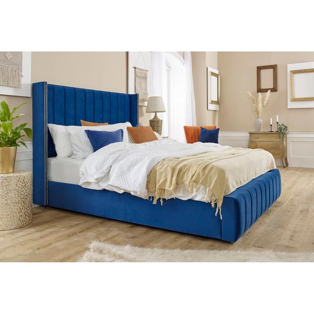 Akifumi Upholstered Bed Frame Canora Grey Size: Double (4'6), Colour: Blue on Productcaster.