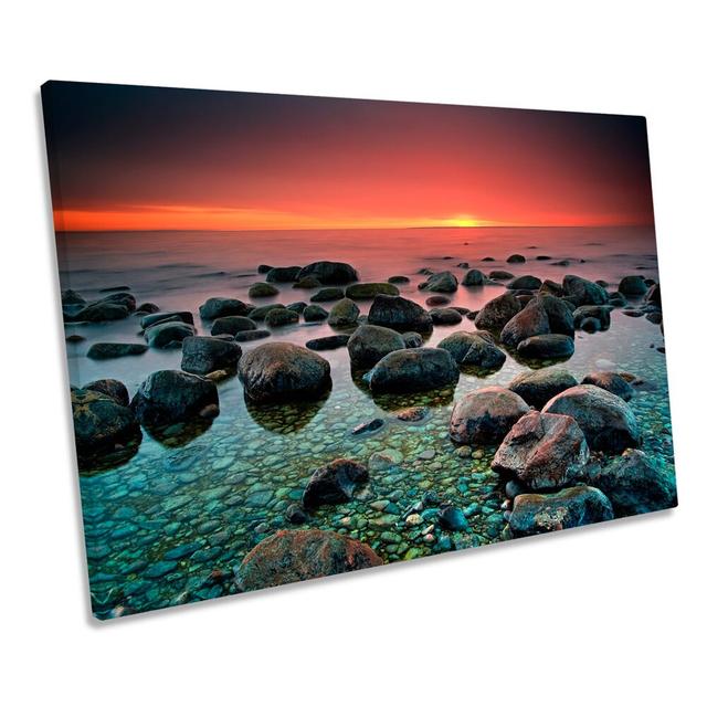 Rocky Seascape Sunset Scene CANVAS WALL ART Box Framed Highland Dunes Size: 61cm H x 91.4cm W on Productcaster.