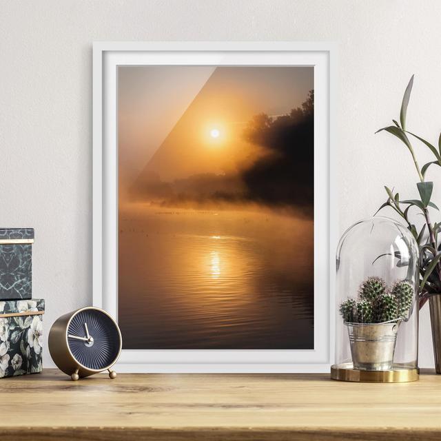 Sunrise at the Lake with Deer in the Fog - Picture Frame Photograph Print on Paper East Urban Home Size: 100 cm H x 70 cm W, Rahmenoptionen: Matt whit on Productcaster.