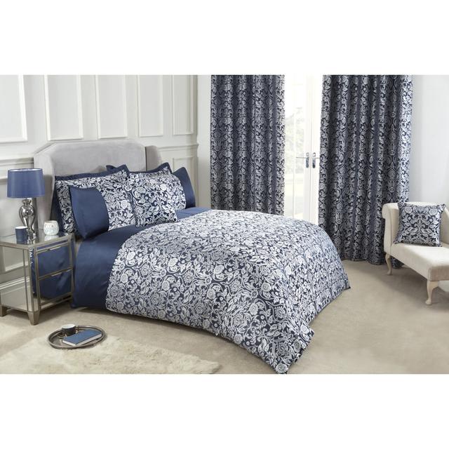 Eden Satin Floral Duvet Cover with Pillowcases Mercer41 Colour: Navy, Size: Super King on Productcaster.