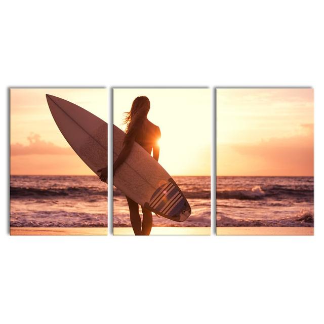 Surfer Girl At Sunset - 3 Piece Wrapped Canvas Print East Urban Home Size: 120cm H x 240cm W on Productcaster.