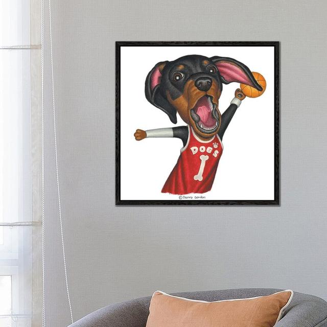 Dachshund Basketballer Happy Larry Size: 66.04cm H x 66.04cm W x 3.81cm D, Format: Black Floater Framed Canvas on Productcaster.