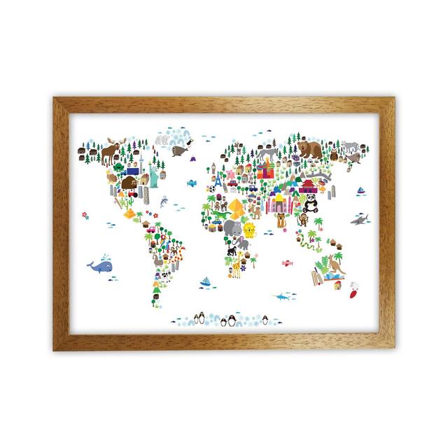 Animal Map of the World Nursery by Michael Tompsett - Graphic Art Zoomie Kids Size: 34cm H x 46cm W x 3cm D, Format: Brown Framed on Productcaster.