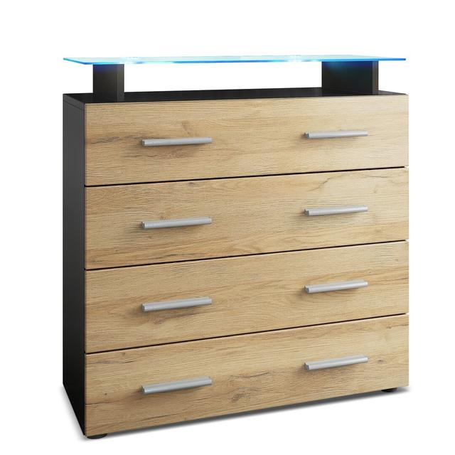 Mazur 4 Drawer 76Cm W Chest Of Drawers Metro Lane Lighting: With LED, Colour (Body/Drawers): Black/Oak Nature on Productcaster.