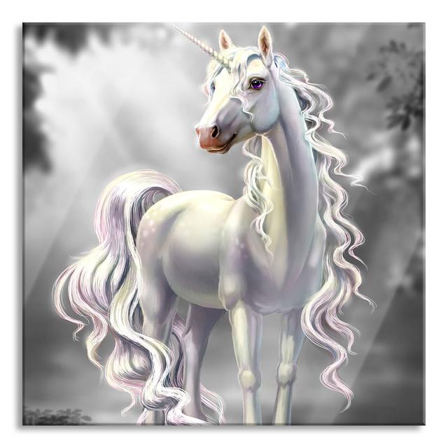 Pink-Eyed Unicorn in a Fairytale Forest - Unframed Graphic Art on Glass Happy Larry Size: 70cm H x 70cm W x 0.4cm D on Productcaster.