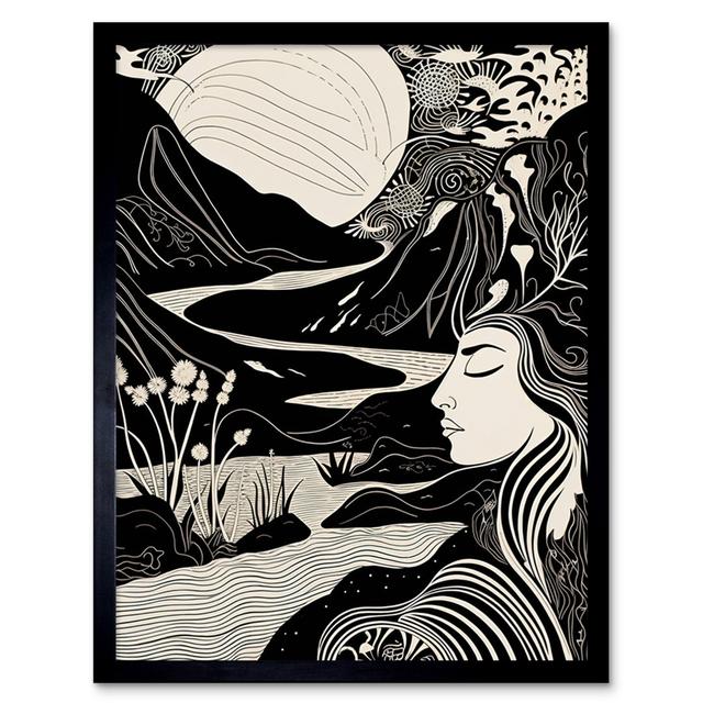 Earth Goddess River Mountain Landscape Linocut Artwork Framed Wall Art Print 9X7 Inch Marlow Home Co. on Productcaster.