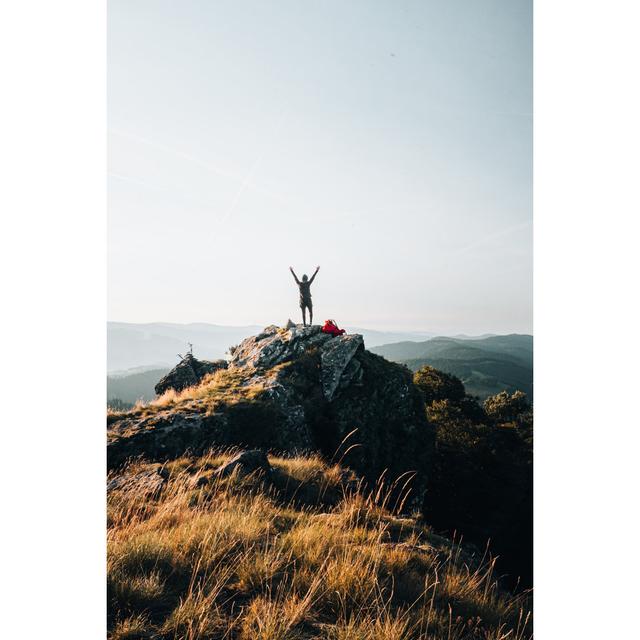 Backpacker Celebrates On Mountain - Wrapped Canvas Print Alpen Home Size: 30cm H x 20cm W x 3.8cm D on Productcaster.