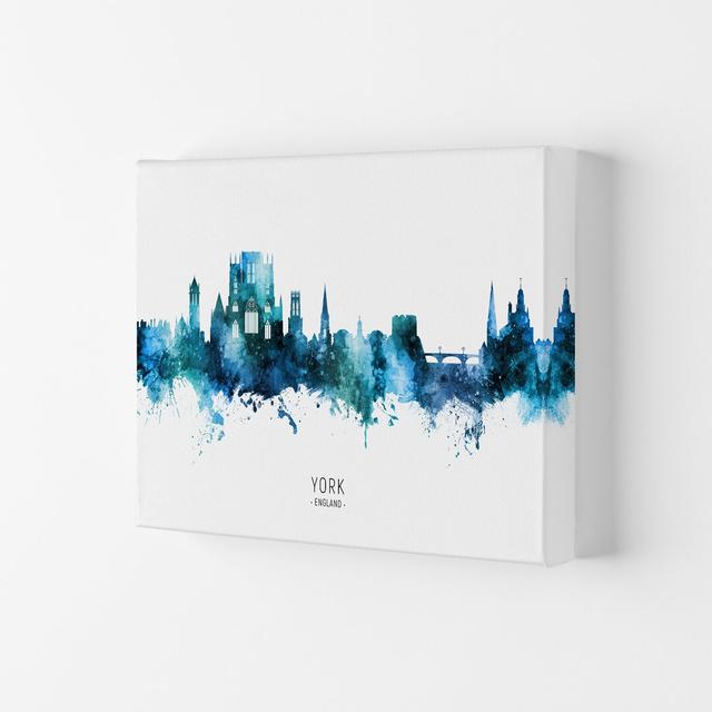 York England Skyline Blue City Name by Michael Tompsett - Graphic Art Ebern Designs Format: Wrapped Canvas, Size: 21cm H x 29.7cm W x 4cm D on Productcaster.