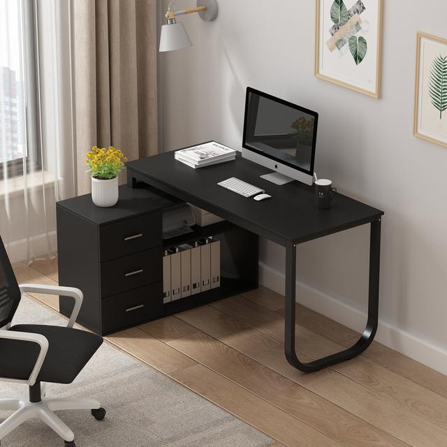 Akirah 140cm W L-Shaped Writing Desk Latitude Run Top Colour: Black, Frame Colour: Black on Productcaster.